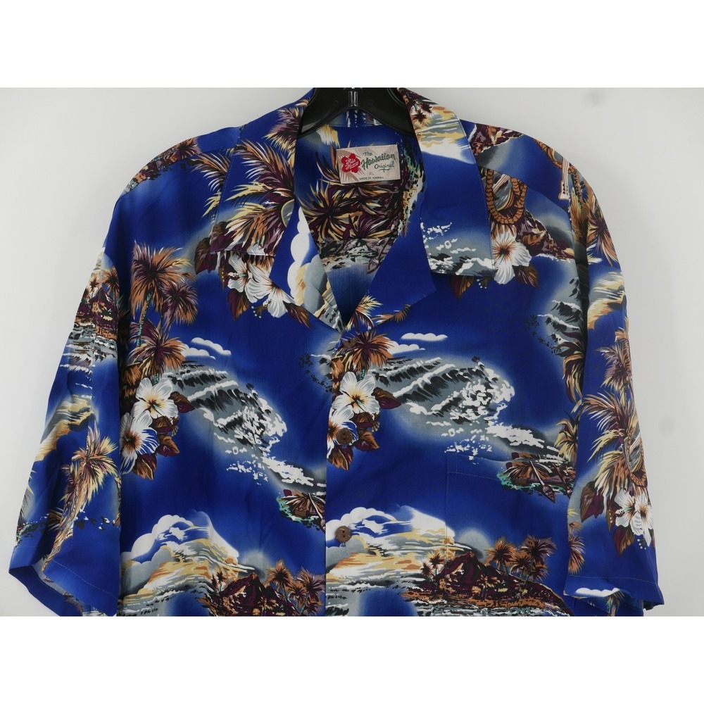 Hilo Hattie Shirt Blue Scenic Hawaiian Tropical Rayon Made in USA Mens XL